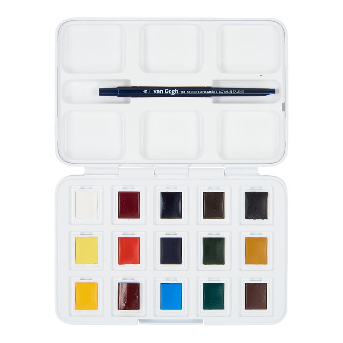 Talens Van Gogh Acuarelas Básicas en Medias Pastillas con 15 Colores, Pincel y Bandeja de Mezcla Talens Van Gogh Acuarelas Básicas en Medias Pastillas con 15 Colores, Pincel y Bandeja de Mezcla